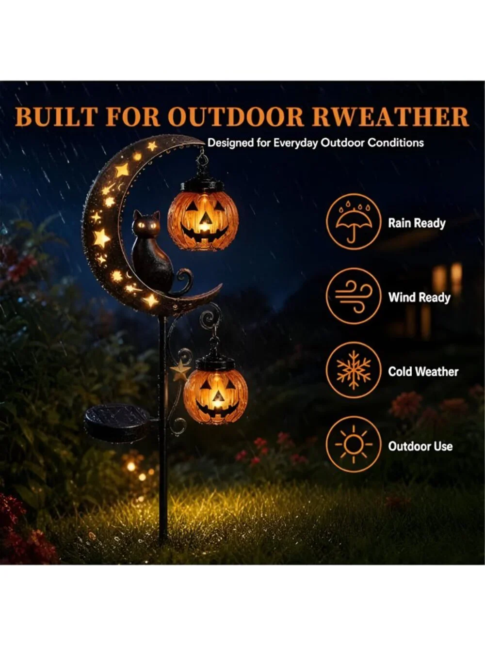 Solar Halloween Black Cat & Pumpkin Moon Garden Stake Light, Jack-o'-Lantern
